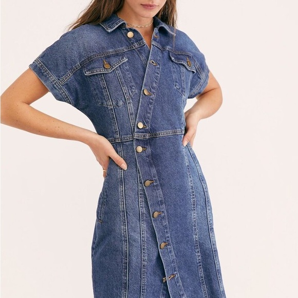 FREE PEOPLE DENIM CITY ASYMMETRICAL BUTTON RAW HEM MINI SHIRT DRESS - Picture 4 of 6